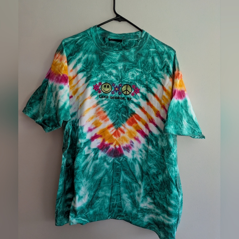Lake George Happy Face Peace Sign Tie-dyed T-shirt Large Colorful